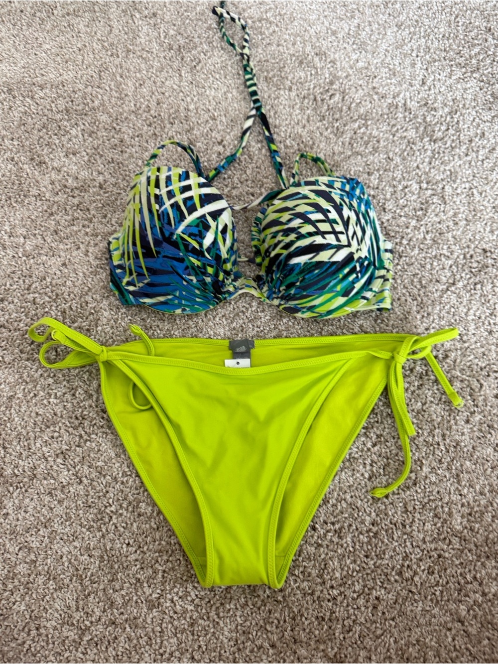 aerie Lime Green Tie-Side Bikini Bottom with Multicolor Palm-Print Underwire Top